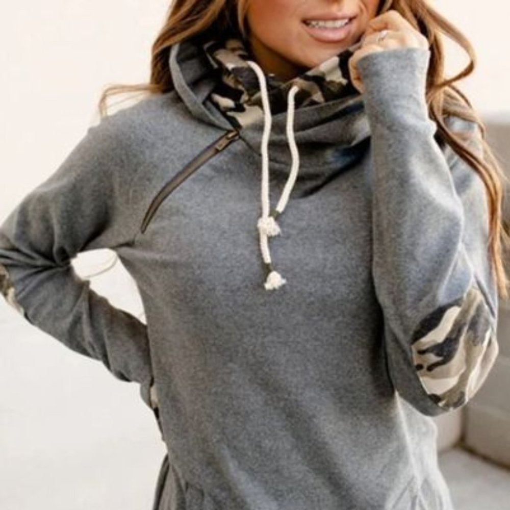 Gray Double Hooded Sweatshirt w/ Camo Elbow Patch